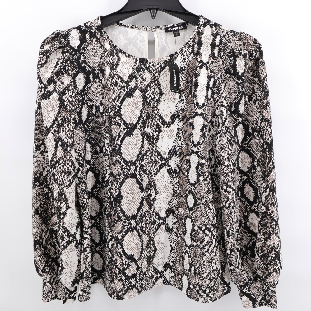 NEW Express Snakeskin Puff Sleeve Blouse Grey Long Sleeve Womens Large